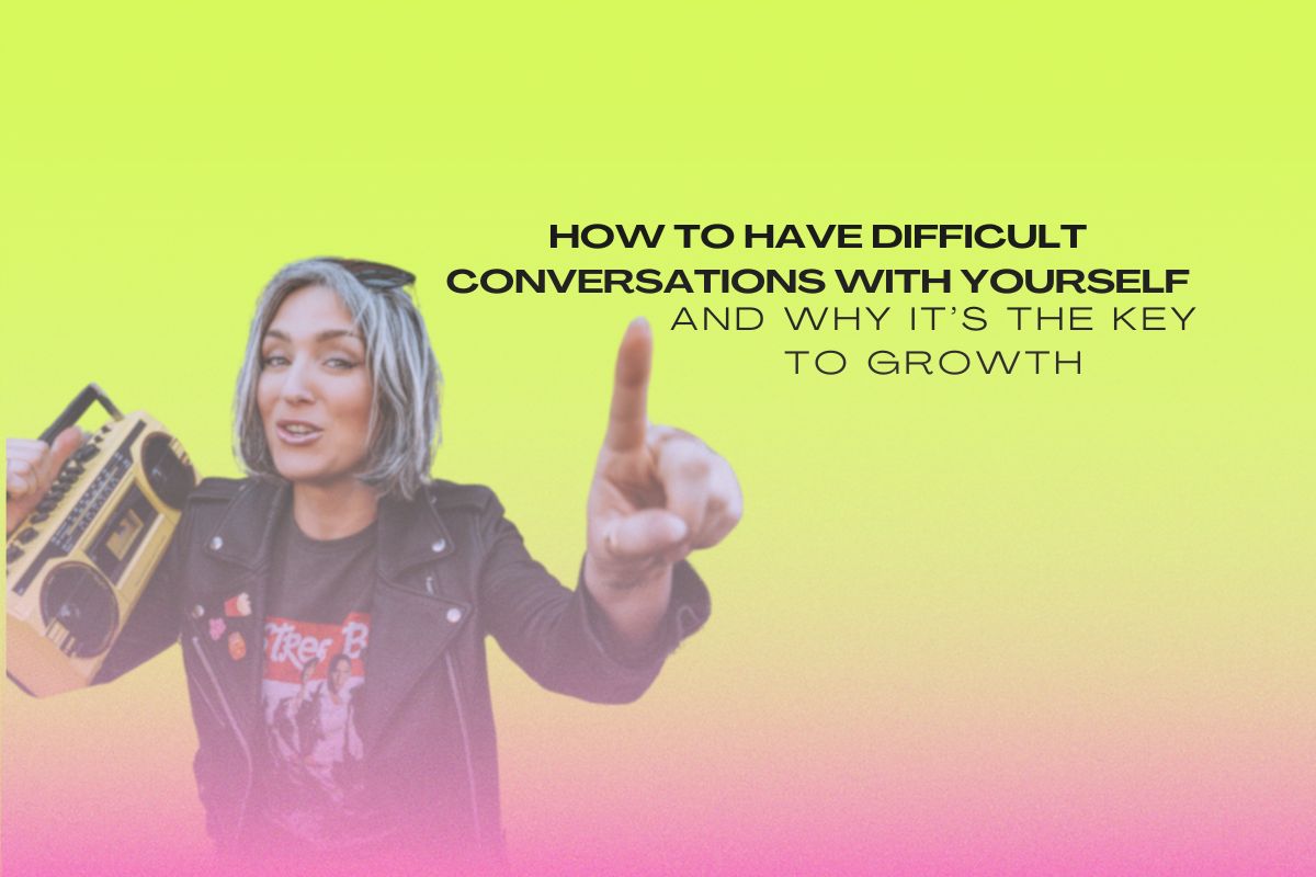 An image of a woman pointing to the text How To Have Difficult Conversations with Yourself and Why it's the Key to Growth